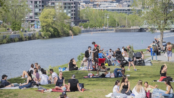 Des gens rassemblés dans un parc près d'un cours d'eau.
