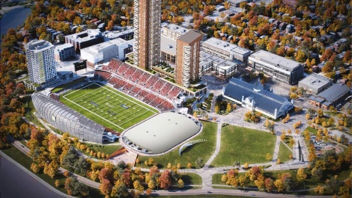 Le plan d'un stade avec des immeubles autour.
