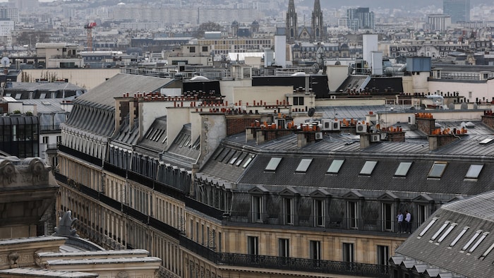On aperçoit les toits de la ville et les cheminées des immeubles d'habitation à Paris.