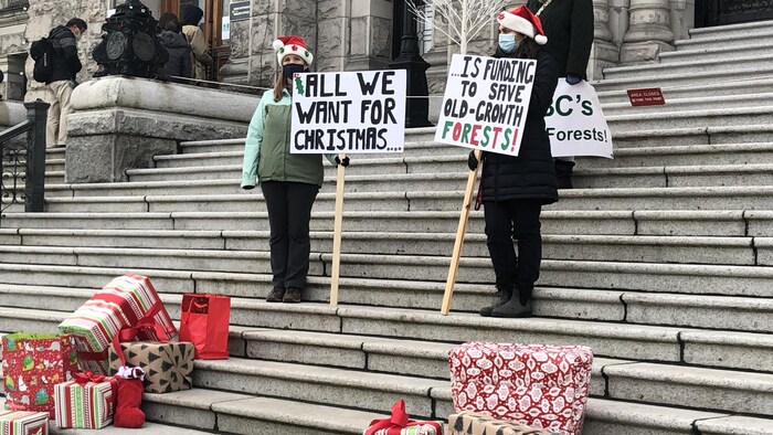 Deux personnes coiffées d'un bonnet de Noël portant des pancartes devant des cadeaux emballés posés sur les marches de l'assemblée législative.