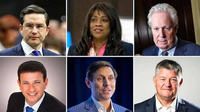 Un montage de photos des six candidats à la direction du Parti conservateur du Canada.