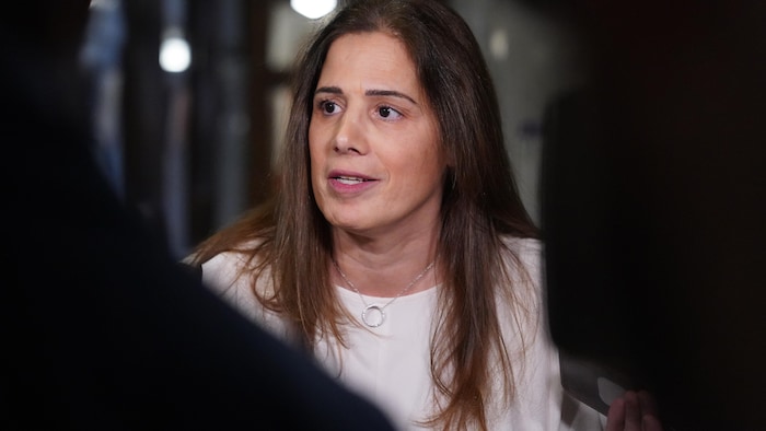 Pascale Déry en point de presse à l'Assemblée nationale.