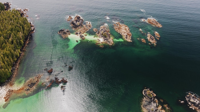 Une vue aérienne présentant de l'eau et une côte.