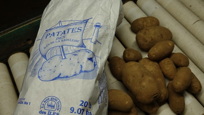Des pommes de terre avec un poche où il est écrit "Patates des Îles de la Madeleine".