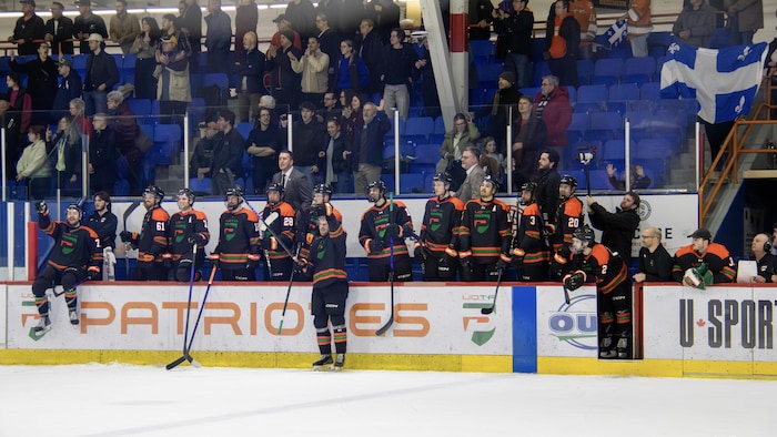Des joueurs de hockey sont sur leur banc dans un aréna. Des gens sont debout dans les gradins.