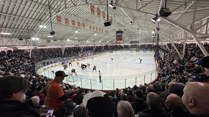 Un match de hockey présenté devant des gradins remplis de spectateurs.