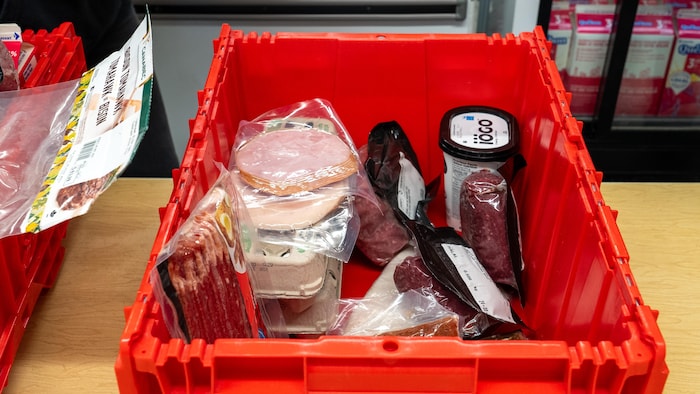 Du jambon, de la viande hachée, du bacon, des œufs et du yogourt sont disposés dans un bac.