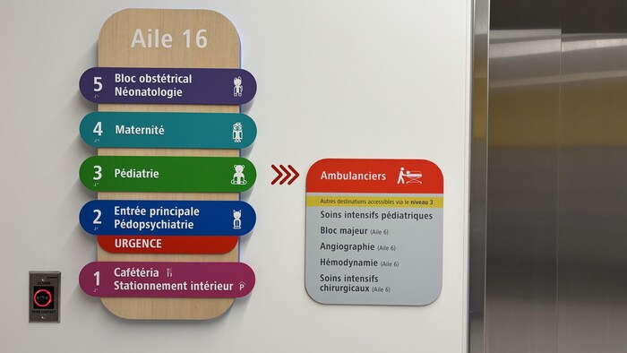 Les différents étages ont une couleur, par exemple, vert forêt pour la pédiatrie. 