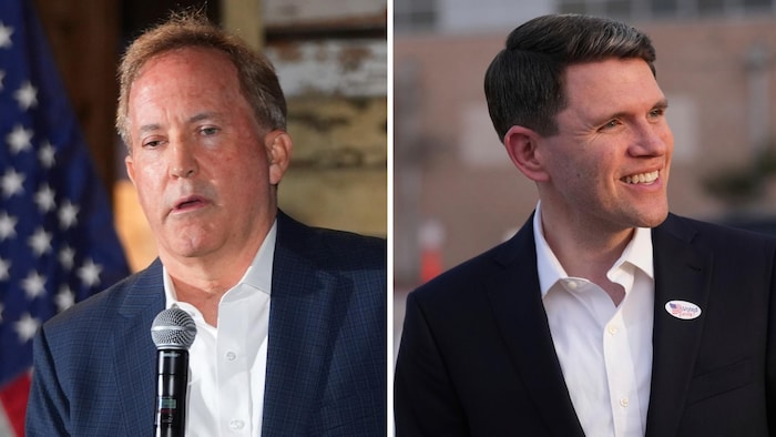 Montage photo montrant Ken Paxton, qui parle dans un micro, et James Talarico, qui sourit.