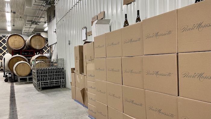 Des boîtes de vins Pearl Morissette.