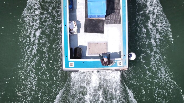 Une photo prise par un drone passant directement au-dessus d'un petit bateau de pêche blanc et bleu. On voit un homme assis sur le bateau.