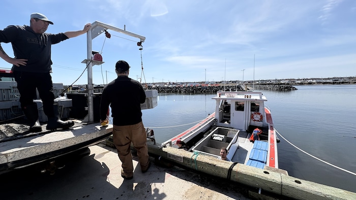 Deux pêcheurs retirent leur casiers à homard de l'eau
