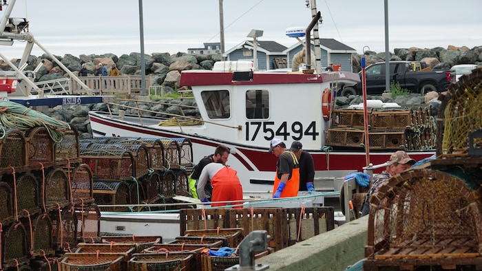 Des pêcheurs de homard au quai de l'Étang-du-Nord, lors de la dernière journée de pêche.