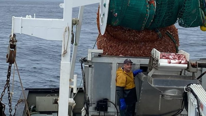 Un pêcheur sur un bateau avec un chalut rempli de sébastes.