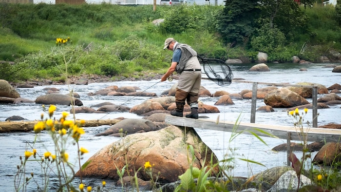 Une pécheur de saumon sur les berges de la rivière Trinité, à Baie-Trinité.