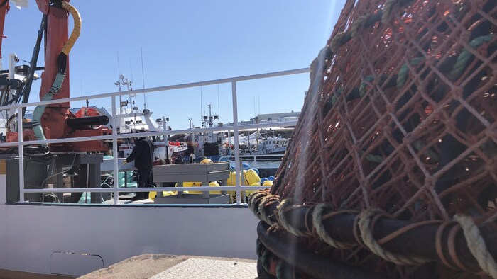 Équipements de pêche sur le quai. Un travailleur s'active.