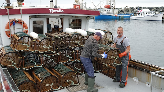 Des pêcheurs transportent des cages.
