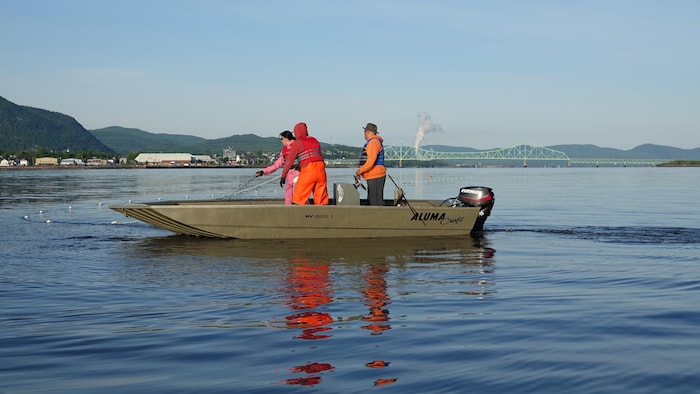Des pêcheurs mi'gmaw tirent un filet de pêche avec le pont interprovincial à l'arrière.