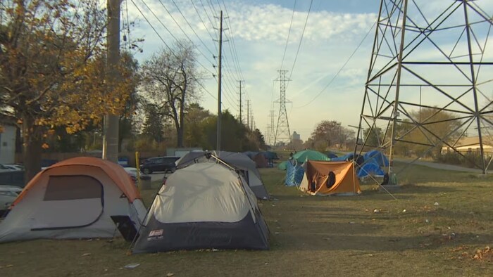 Peel Regional Police have said a man in his 40s was found without vital signs in a tent in this encampment in Mississauga in the area of Dundas Street East and Dixie Road on Wednesday, Nov. 15. 