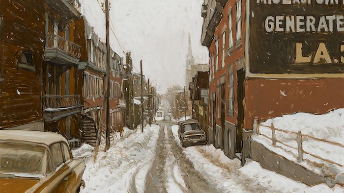 La toile montre une rue étroite et des maisons typiques de l'architecture de l'ancien Faubourg à m'lasse de Montréal.