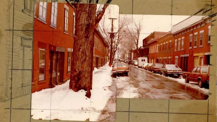 Deux photos de la rue Wolfe dans le quartier Centre-Sud à Montréal, collées sur un carton sur lequel le peintre a dessiné pour prolonger ce que montrent les photos.