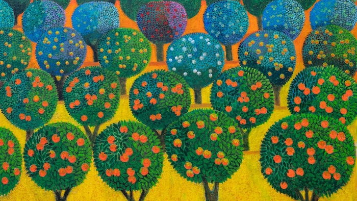 Une toile réalisée en 2026 par l'artiste Nabil Anani représentant des orangers à Jaffa.