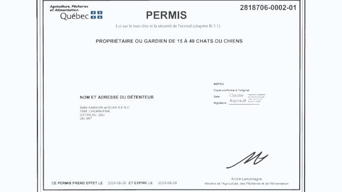 Une photo du permis délivré par le MAPAQ 
