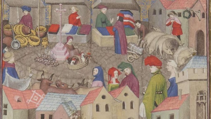 Peinture représentant des commerçants installés en rond autour d'une place marchande, dans l'Europe médiévale.