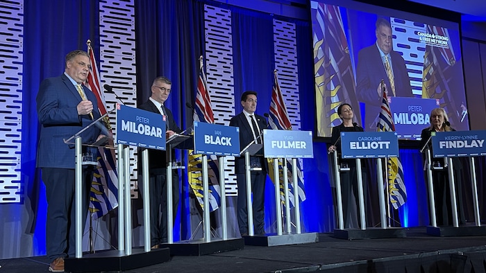 Peter Milobar, Iain Black, Yuri Fulmer, Caroline Elliott et Kerry-Lynne Findlay derrière des podiums, sur une scène.