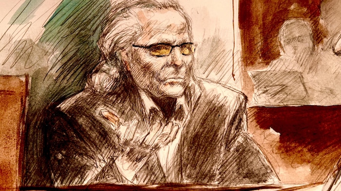 Dessin de cour de Peter Nygard lors d'un contre-interrogatoire à Toronto le 31 octobre 2023.