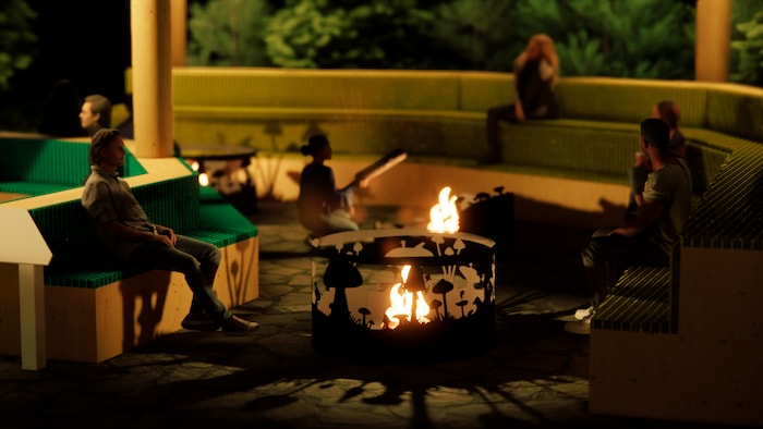 Des sièges et un feu de bois au centre.