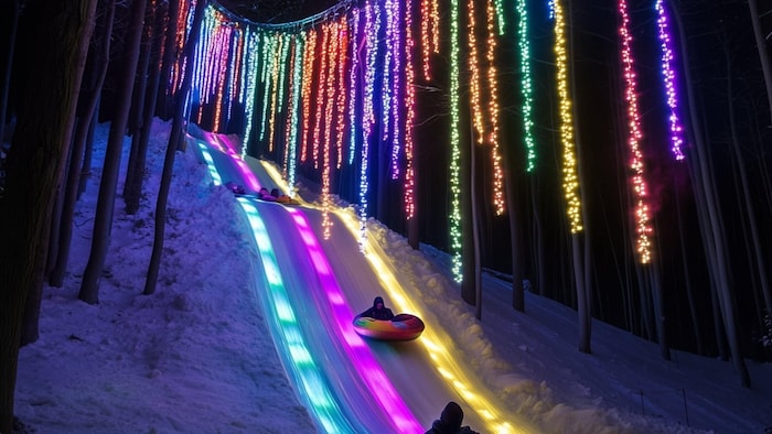 Une glissade sur tube, illuminée par des lumières dans les arbres.