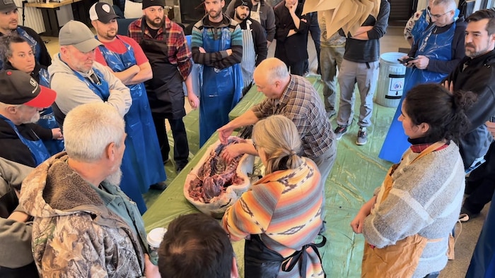 Une homme donne des explications sur le dépeçage d'un phoque mort, un groupe de personne est autour de la table.