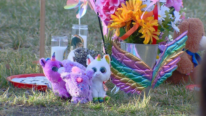 Des fleurs et peluches en hommage à une jeune victime d'homicide à Maskwacis.