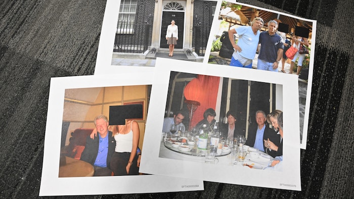 Quatre photos montrant Richard Branson, Bill Clinton, Mick Jagger, Ghislaine Maxwell et Jeffrey Epstein.
