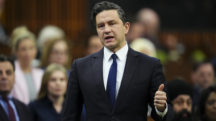  Le chef conservateur Pierre Poilievre se lève pendant la période de questions à la Chambre des communes, à Ottawa, le lundi 29 avril 2024.