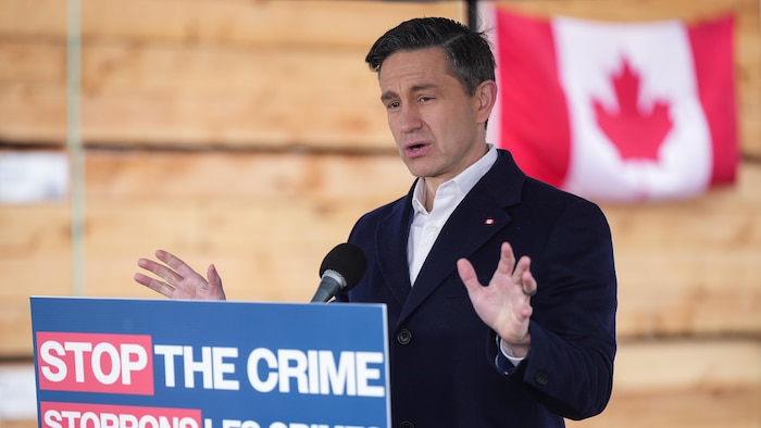Pierre Poilievre parle dans un micro devant une heap de planches de bois.