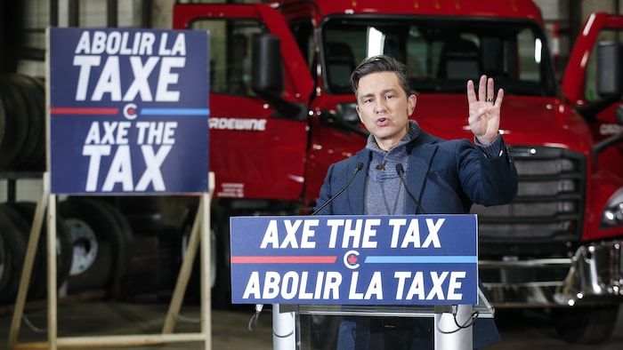 Pierre Poilievre devant une affiche où on lit «Abolir la taxe, Axe the tax».