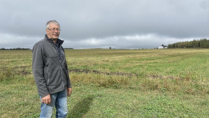 Pierre Vachon est debout dans un de ses champs.