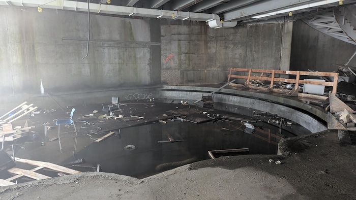 Une piscine est remplie d'eau sale et de débris.