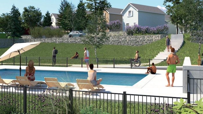 Maquette montrant des résidents du Petit Quartier autour d'une piscine creusée.