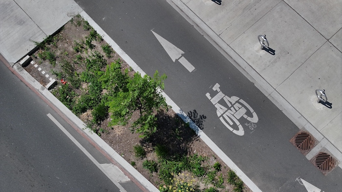 Vue aérienne de la piste cyclable située sur la rue Bloor Ouest à Toronto.