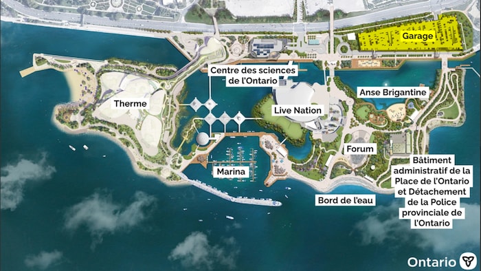 Therme se trouve sur l'île Ouest, sur la carte. L'Île adjacente comporte entre autres Live Nation, le Forum, le bâtiment administratif de la Place de l'Ontario et un poste de la Police provinciale.