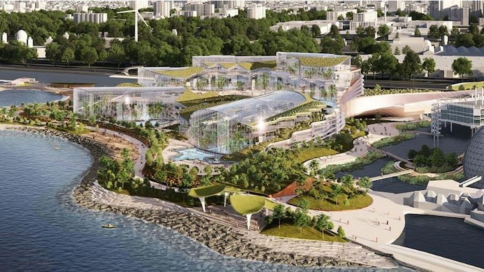 Un dessin du projet montrant le spa et le complexe aquatique au milieu de l'île, entouré de chemins.