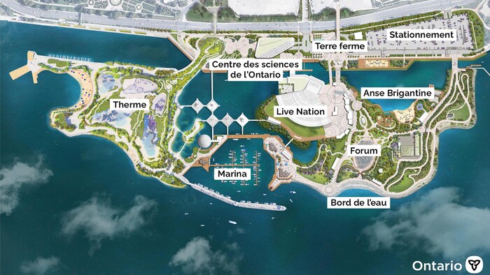 Carte du site de la Place de l'Ontario montrant le stationnement et des attractions comme le spa Therme et le nouveau centre des sciences.