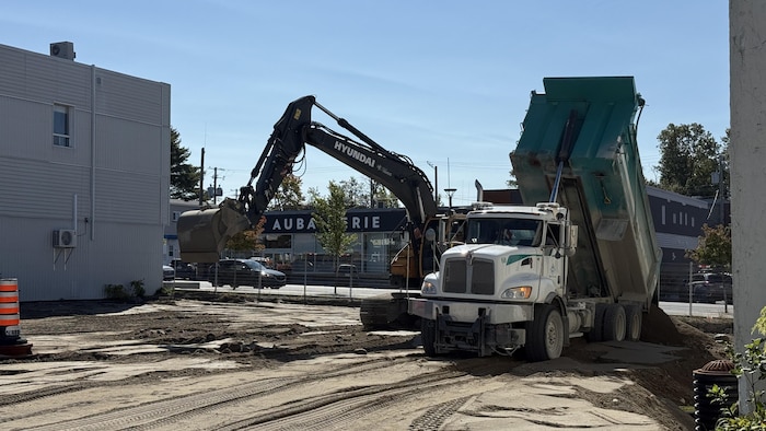 Une grue et un camion-benne en pleins travaux sur un terrain encore sableux.