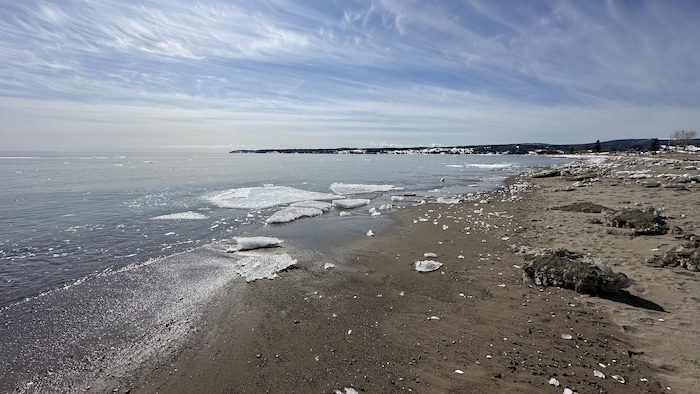 Une plage de sable ensoleillée où se trouvent des morceaux de glace et de la neige.