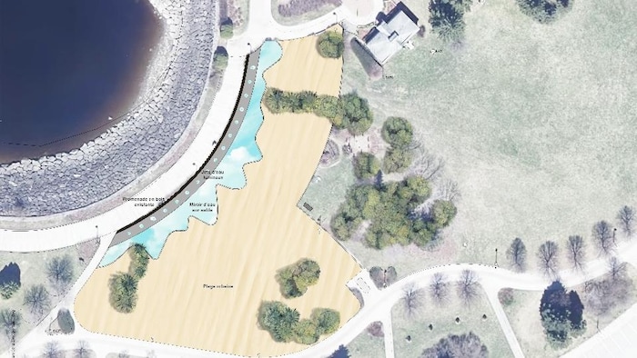 Plan montrant une vue aérienne d'un parc sur le bord de l'eau où des arbres et des sentiers sont visibles.