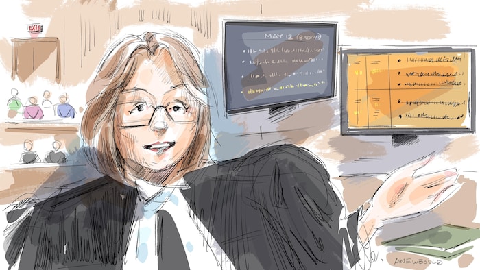 Un croquis de la procureure Meaghan Cunningham