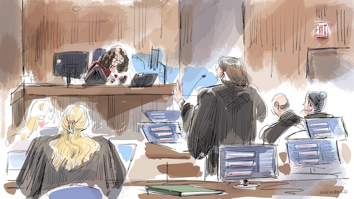 Un croquis de la salle d'audience, où on voit Meaghan Cunningham, la juge ainsi que des avocats